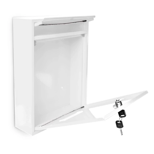 Társasházi postaláda fehér színben nyitott állapotban