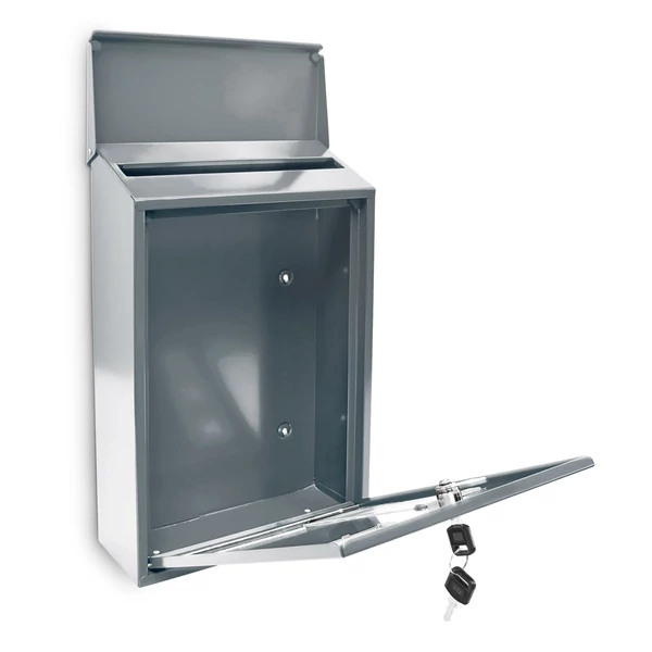 Acél társasházi postaláda ezüst színben kinyitva és felhajtott tetővel