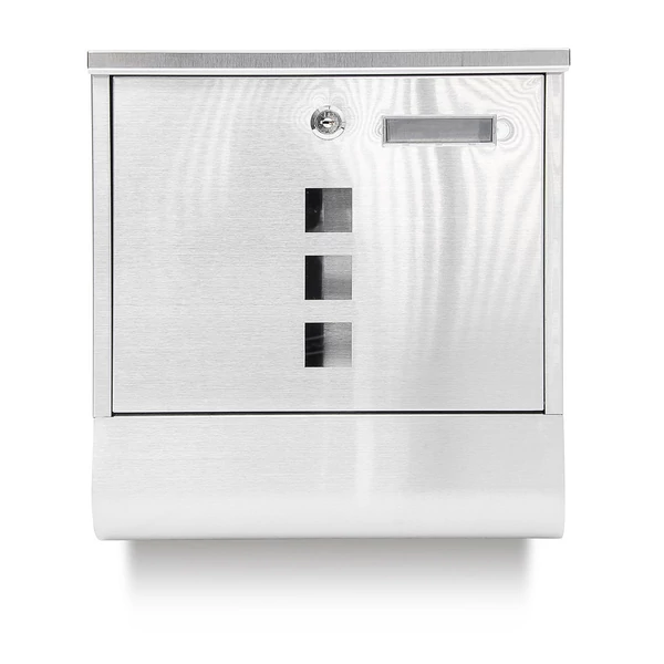 Kültéri fali rozsdamentes acél postaláda szemből névtáblahellyel és betekintőnyílással illetve egy nagyméretű szórólap tartóval az alján