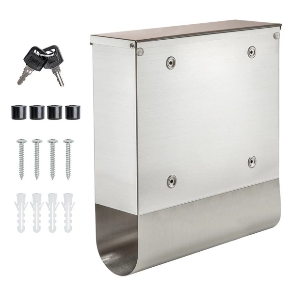 Rozsdamentes acélból készült kültéri kerítésre és falra szerelhető postláda hátulja a kötőelemekkel