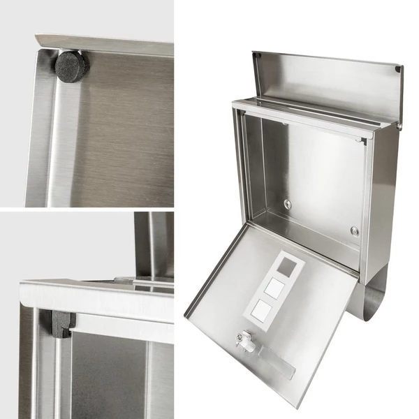 rozsdamentes acél postaláda négyzet alakú kinyitott ajtókkal