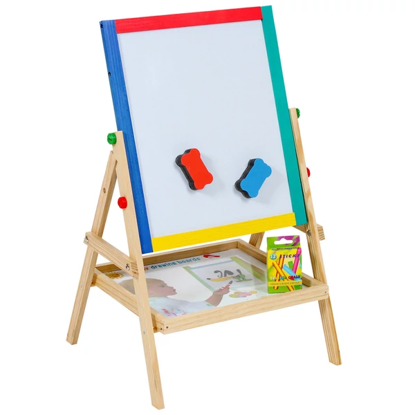 Fából készült színes rajztábla whiteboard felülettel szárazon szivaccsl letörölhető felülettel filctoll rajzok készítésére