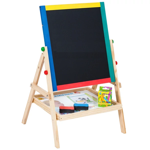 Fából készült mágnestábla színes kerettel krétával rajzolható és írható felülettel különböző rajzkiegészítőkkel