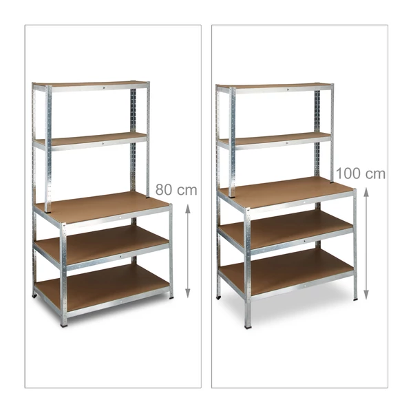 Kétféleképpen összeszerelhető felül kevésbé mély acél polc összeállítva