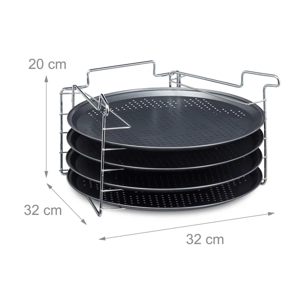 Négy emeletes egyszerre akár négy pizzát is megsütni képes acél pizzasütő állvány üresen a rajta elhelyezett pizzaformákkal méretekkel