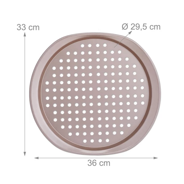 Sötétbarna szénacél pizza sütőforma tálca méretekkel üresen
