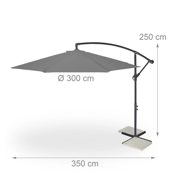Markai 300 cm átmérőjű függő napernyő felállítva méretekkel