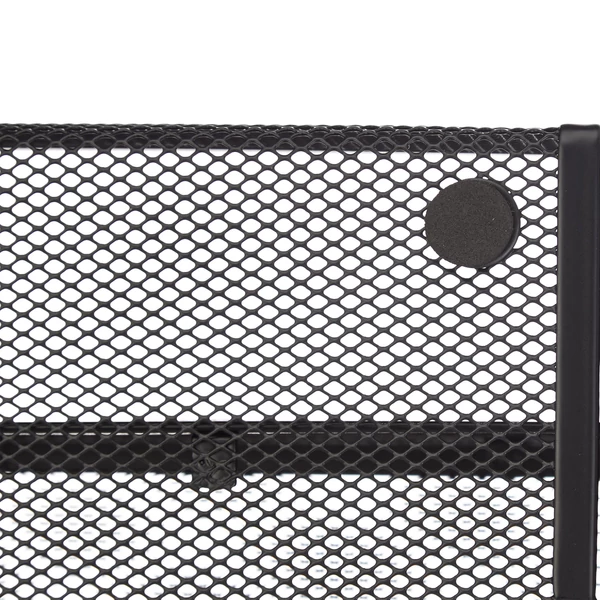 Fomla fekete színű fémhálós magazin és szórólaptároló állvány talprésze egy kör alakú csúszásmentes gumibetéttel