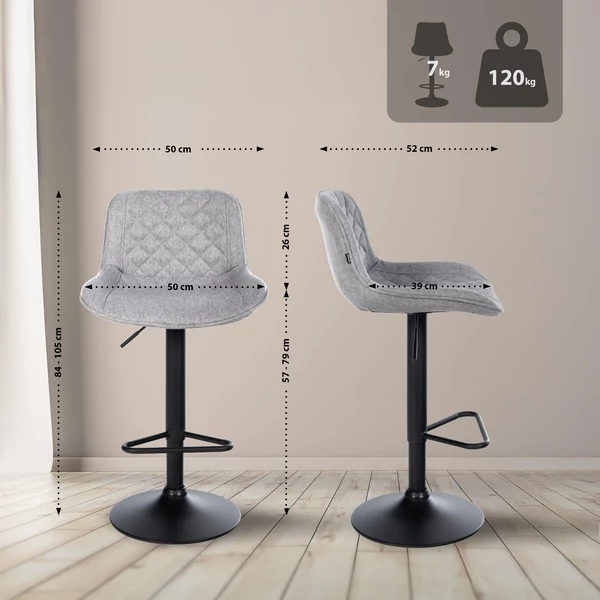 Két darab szürke színű kasson bárszék szemből és oldalról a fal mellett külső méretekkel