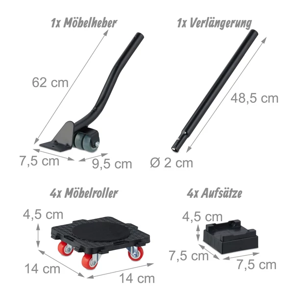 Bútoremelő és bútormozgató készlet egyes darabjai és azok külső méretei 
