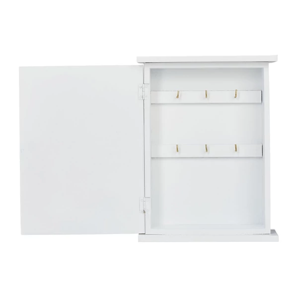 Nolka kisméretű fehér színű fa fali kulcstartó és kulcsakasztó szekrény kinyitva 