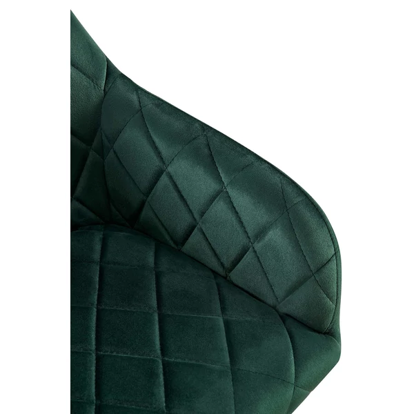 Monett karfás steppelt ülőfelületű zöld színű plüss anyaggal bevont étkezőszék és fotel ülőfelülete közelről