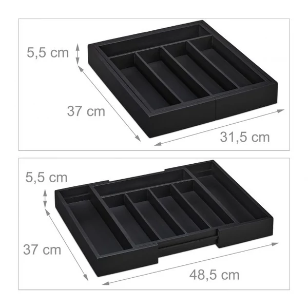 Fekete színű bambusz evőeszköztartó fiókbetét kinyitva és csukva méretekkel