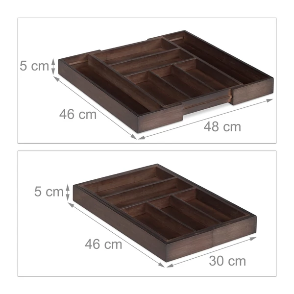 Barna színű állítható bambusz evőeszköztartó kinyitva és összecsukva méretezve