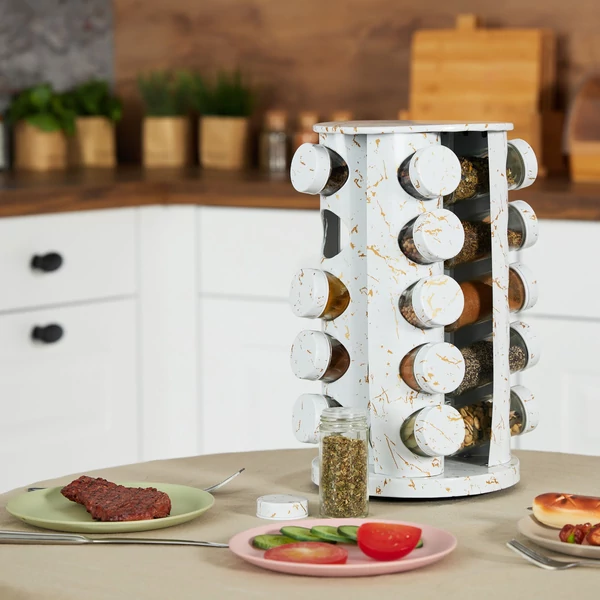 20 darabos fűszertartó állvánnyal márvány mintával a konyhapulton