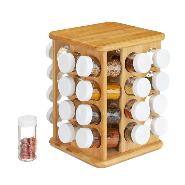 XXL méretű fűszertartó állvány bambuszból 32 darab üveg műanyag tetővel zárható fűszertartó üvegcsével
