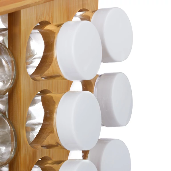 Műanyag aromazáró tetővel ellátott valódi üveg fűszertároló tégelyek egy taka xxl bambusz fűszertartó állványon