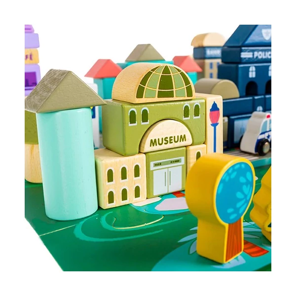 Városépítő Fakocka Gyerekeknek 115 Darabos + Puzzle Szőnyeg