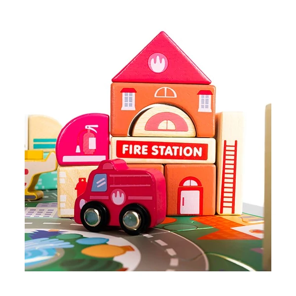 Városépítő Fakocka Gyerekeknek 115 Darabos + Puzzle Szőnyeg