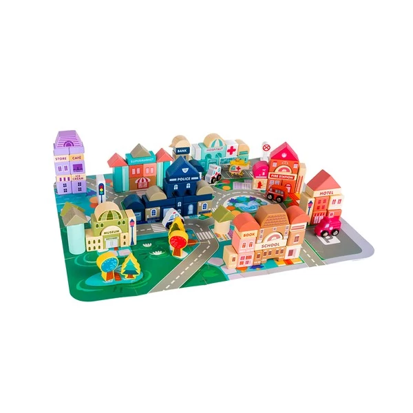 Városépítő Fakocka Gyerekeknek 115 Darabos + Puzzle Szőnyeg