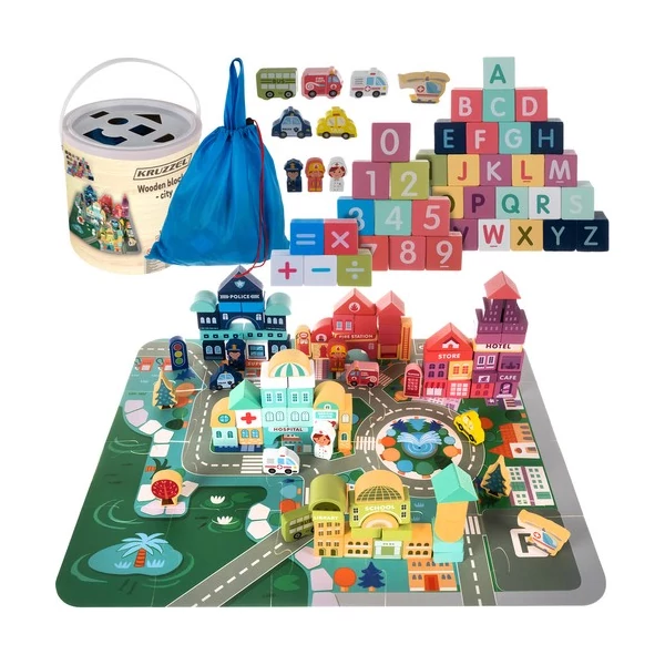 100 darabos fa építőjáték készlet város mintával különböző épületekkel és puzzle szőnyeggel