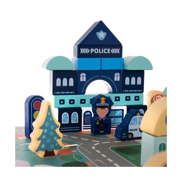 Városépítő Fakocka Gyerekeknek 100 Darabos + Puzzle Szőnyeg + Tárolódoboz + Tárolózsák