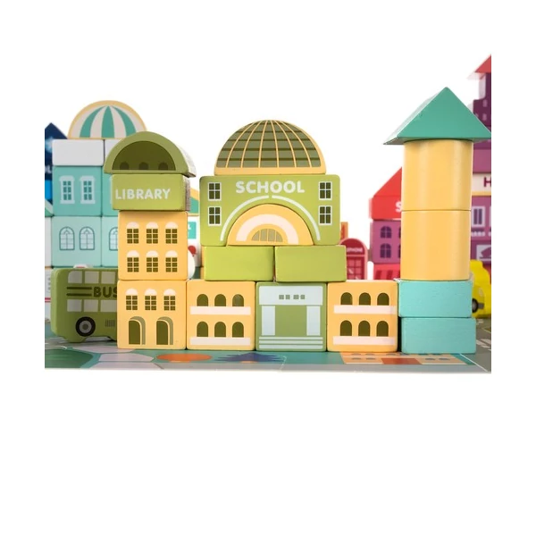 Városépítő Fakocka Gyerekeknek 100 Darabos + Puzzle Szőnyeg + Tárolódoboz + Tárolózsák