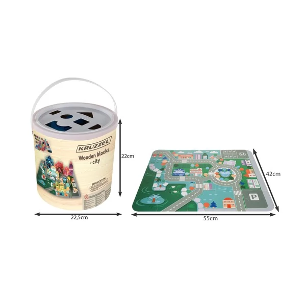 Fából készült építőjáték készlet a dobozában illetve mellette a puzzle szőnyeg amelyen felépíthető a készlet