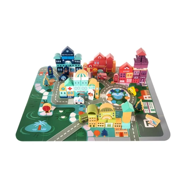 Teljesen felépített fa építőjáték város egy puzzle szőnyegen 