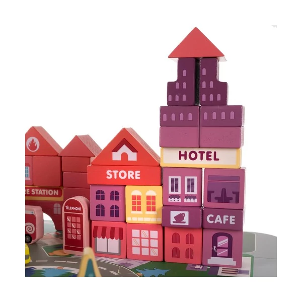 Városépítő Fakocka Gyerekeknek 100 Darabos + Puzzle Szőnyeg + Tárolódoboz + Tárolózsák
