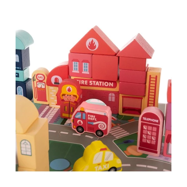 Városépítő Fakocka Gyerekeknek 100 Darabos + Puzzle Szőnyeg + Tárolódoboz + Tárolózsák