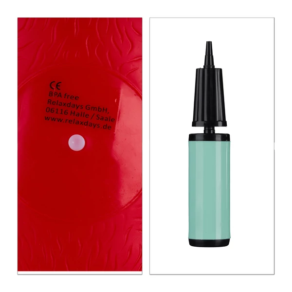 Piros színű póni alakú ugráló állatka hasán található szelepe és a kézipumpa