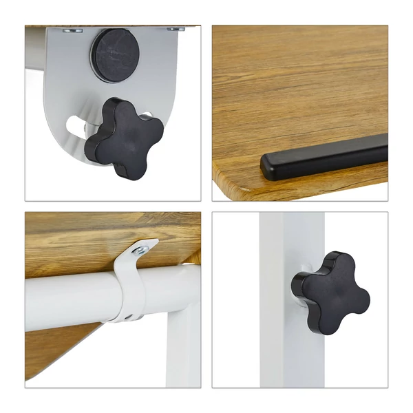 Négy darab részletkép egy kolp állítható magasság laptop tartó állvány különböző részeiről