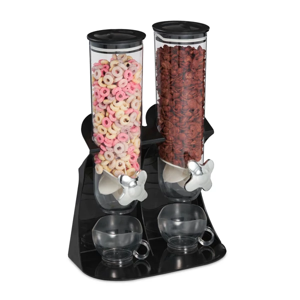 Fekete színű dupla tároló tégelyes müzli és gabonapehely adagoló asztali kivitelben