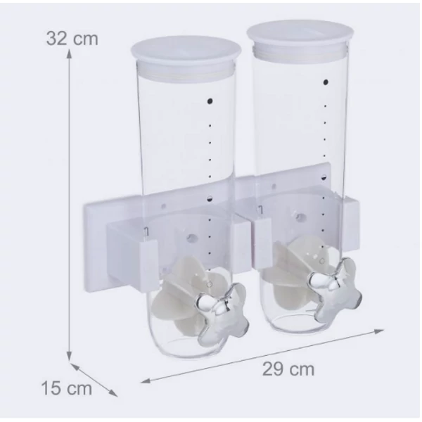Fehér színű fali dupla müzli tároló és adagoló méretei
