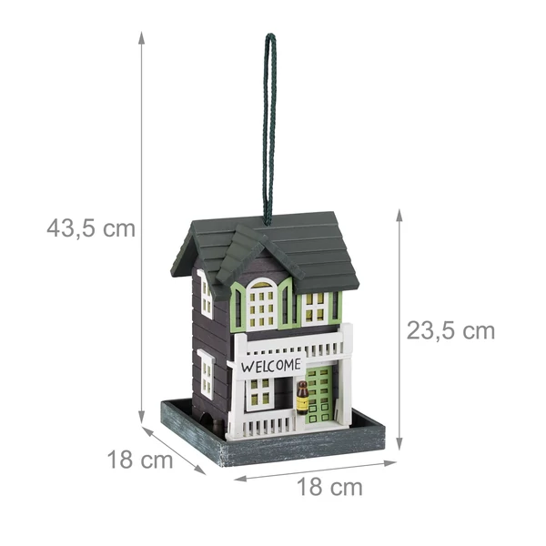 Szürke-fehér vidéki kisház ihletésű fára akasztható madáretető külső méretekkel