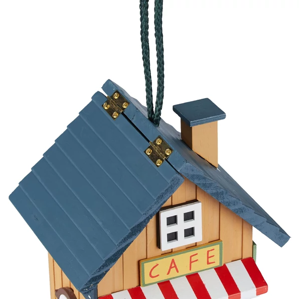 Felakasztható valódi fából készült madáretető francia vidéki ház formával felhajtható tetőrészel