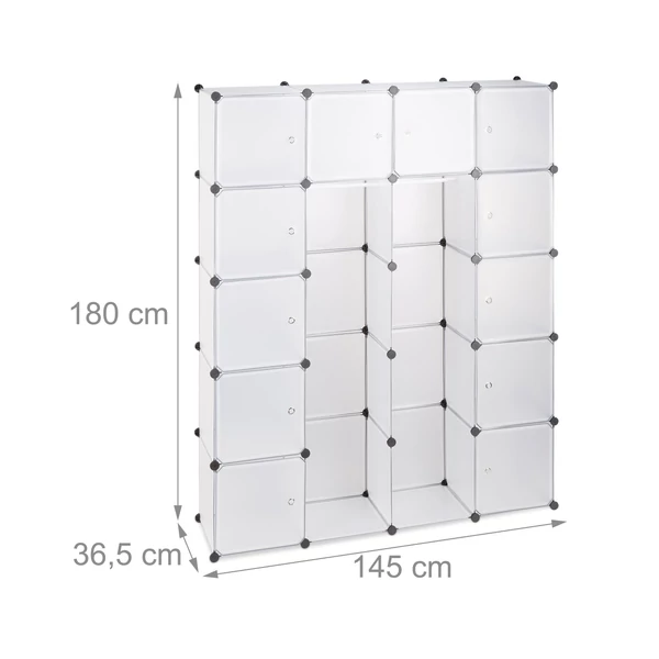 14 rekszes moduláris többféleképpen összeállítható és bővíthető ruhásszekrény akasztórúddal és külső méretekkel