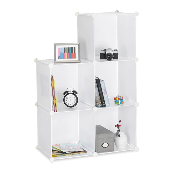 Állítva összeszerelt 5 rekeszes moduláris szekrény fehér színben