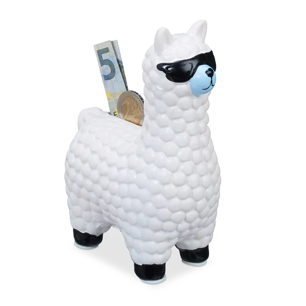 Fehér színű bolyhos láma napszemüvegben persely a hátán bedobónyílással