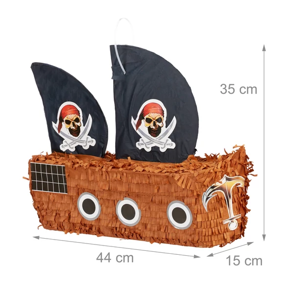 Fekete vitorlás papír kalózhajó pinata méretekkel