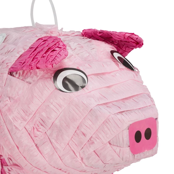 Malac alakú pinata fejrésze aranyos szemekkel a hátán elhelyezett akasztóval