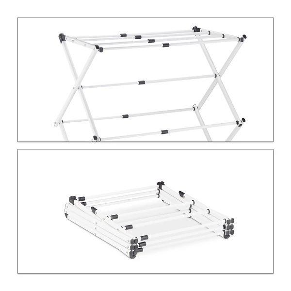Fehér színű acél ruhaszárító torony kinyitott és összecsukott állapotban