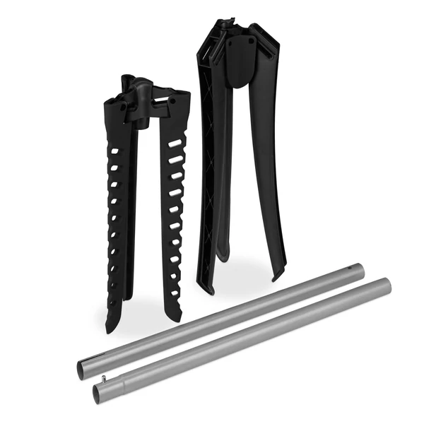 Fekete színű műanyag és acél összecsukható ruhatartó és ruhaszárító állvány főelemekre szétszerelve