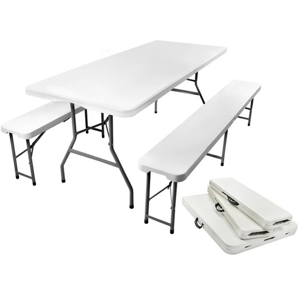 Összecsukható és egyszerűen szállítható műanyag asztallapos és ülőfelületű sörpd garnitúra fehér színben összeállítva