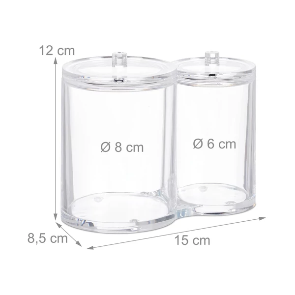 Fültisztító pálcika és vattakorong tartó készlet átlátszó színben méretekkel