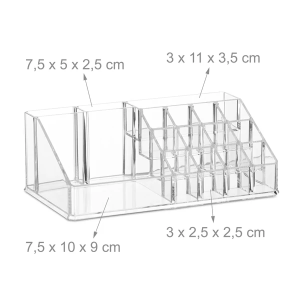 16 különálló rekerszt tartalmazó smink és kozmetikai tároló méretekkel