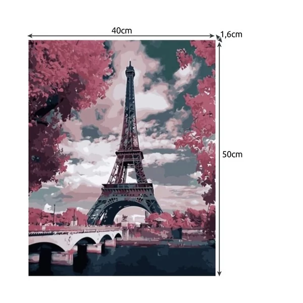Vászonra színezhető eiffel tornyot ábrázoló számfestő festmény készlet külső méretekkel