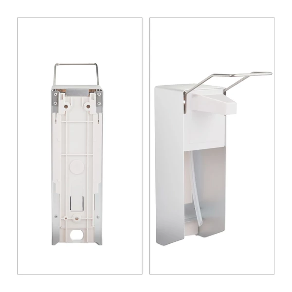 Pumpás alkarral vagy könyökkel müködtethető adagolókarral felszerelt kézertőtlenítő adagoló falra szerelhető kialakítással