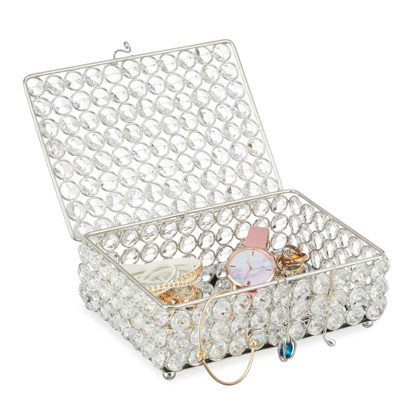 Kristály ékszertartó dobozka az aljába épített tükörlappal ékszerekkel feltöltve